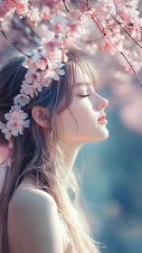 Serene young woman in cherry blossoms bathes in soft spring light