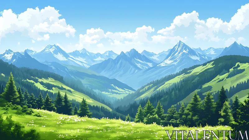 Sunlit alpine valley breathing under storybook peaks.