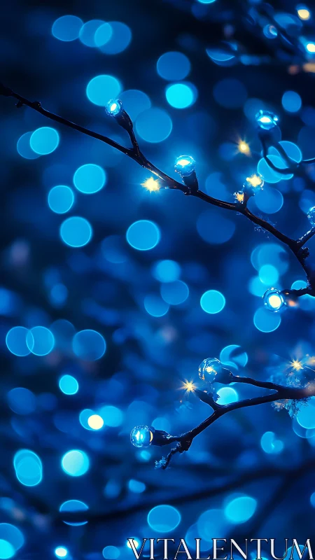 Blue bokeh branch with twinkling LED lights in night depth.
