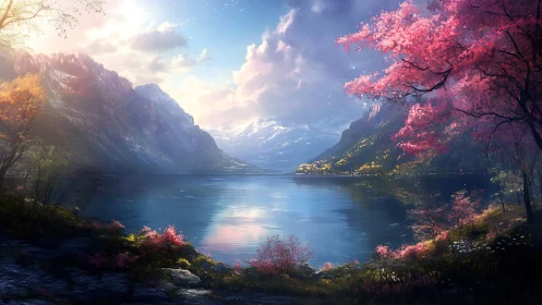 Chromatic alpine lake under volumetric dawn illumination.