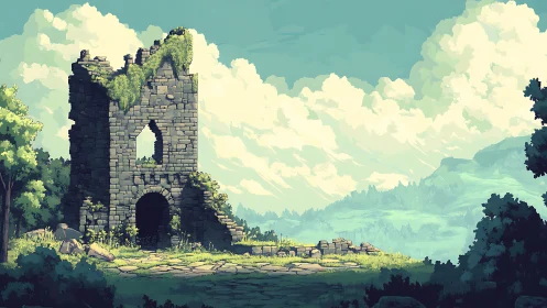 Sunlit ruin tower resting quietly in a soft green valley.