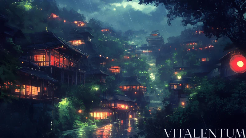 Rain-soaked terraced lantern town glows through atmospheric haze