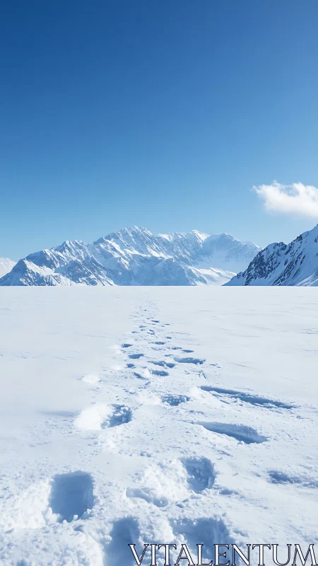 Linear human track receding across glacial snowfield toward alpine ridge