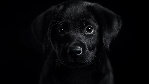 Gentle black puppy gazes softly from the deep dark background