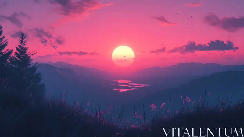 Neon dusk sun melts over dreamlike violet mountain rivers.