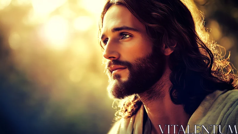 Radiant bearded man gazes into soft golden sunset light.