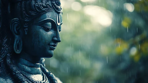 Serene deity sculpture in soft monsoon rain bokeh glow.