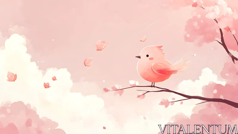 Coral Bird Perched on Springtime Bough in Pink Clouds