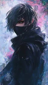 Masked noir wanderer in iridescent brush-textured haze.