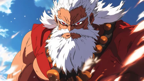 White bearded muscular elder in dynamic anime close-up.