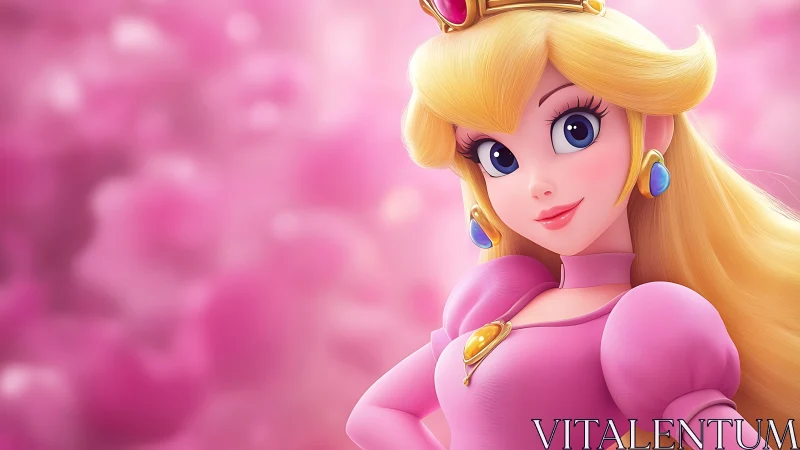 Graceful blonde princess smiles warmly in a dreamy pink glow