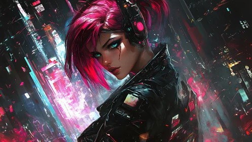 Cyberpunk street operative with neon scarred gaze.