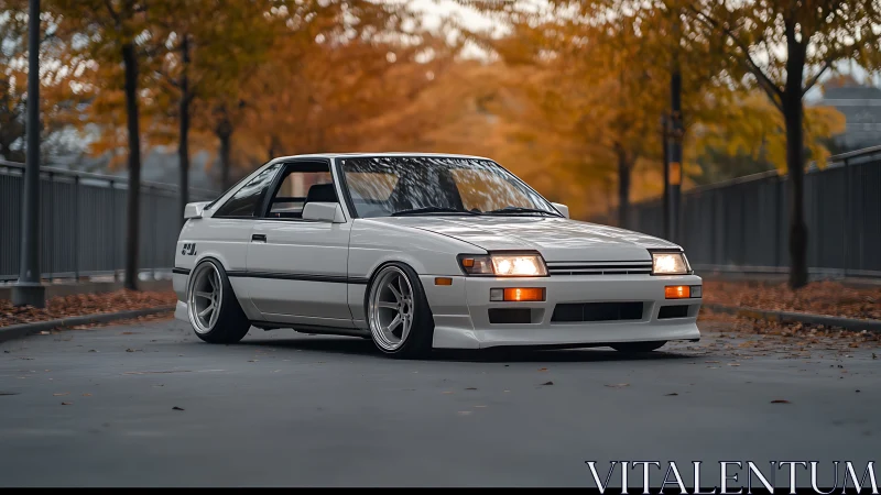 Photorealistic stance shot of white retro coupe in autumn street.