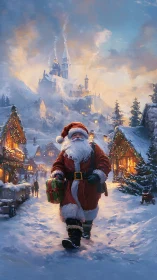 Santa strolls through a storybook Christmas village street.