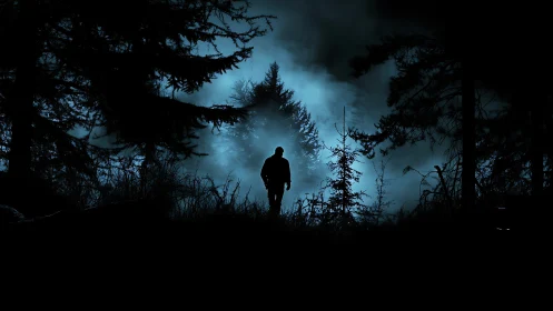 Silhouetted lone figure walks through foggy moonlit forest