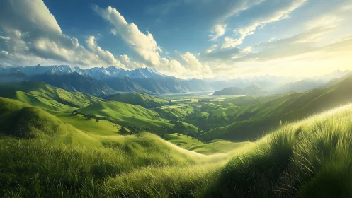 Sunlit alpine valley with rolling grass hills and distant lake