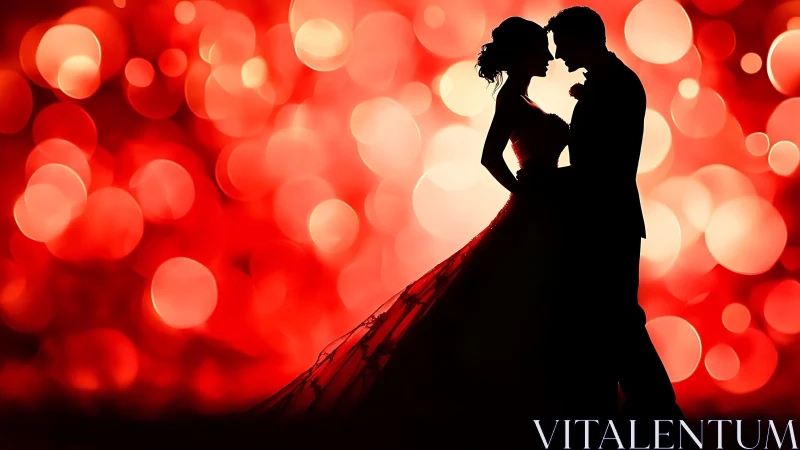 Silhouetted couple embracing against glowing red bokeh.
