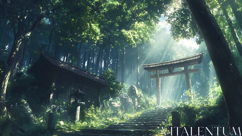 Sunlit forest shrine path with wooden torii gateway.