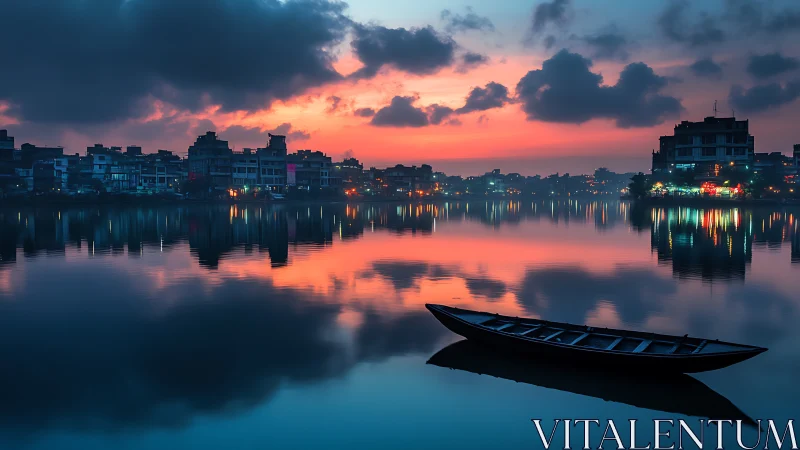 Silent wooden boat on urban lake at vivid sunset glow.