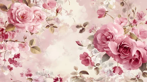 Soft Pink Garden Roses in Watercolor Bloom.