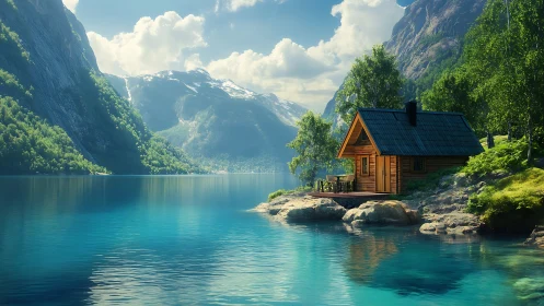 Lakeside timber cabin beside turquoise fjord under alpine light.