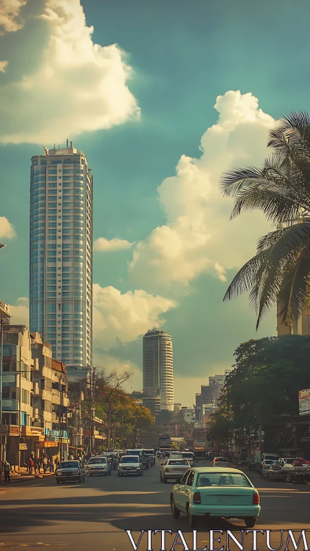 Tropical city avenue framed by towers and evening sky.