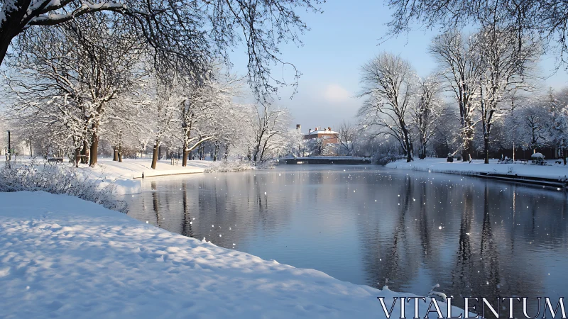 Snow-covered riverside trees line a calm winter waterway
