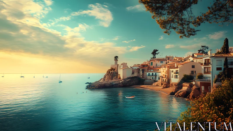 Sunlit harbor village leans lazily into a turquoise afternoon