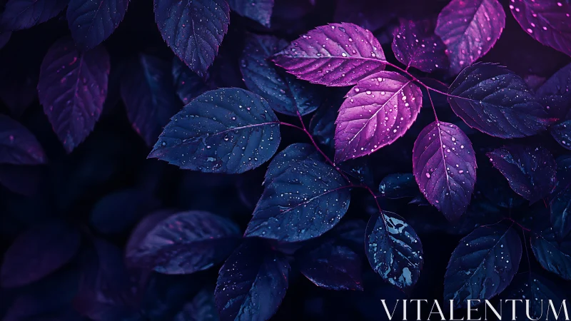 Ultraviolet-tinted raindrop foliage under low key lighting