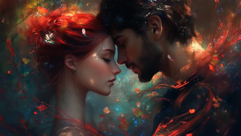 Two figures in profile surrounded by glowing particle effects