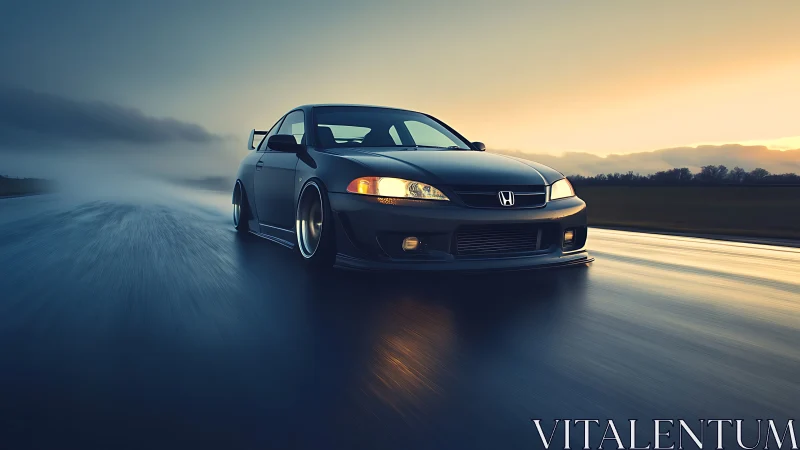 Honda coupe drifts across wet track at cinematic sunset.