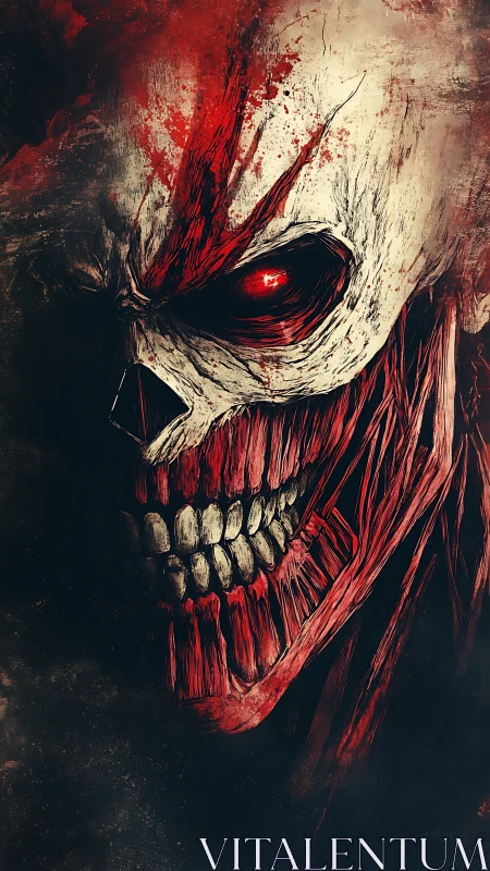 Bloodlit skeletal titan gazes out with a burning red eye