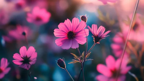 Pink cosmos flowers with selective focus depth against blue bokeh background