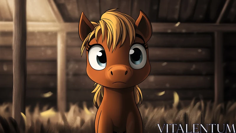 Cartoon foal stands in dim stable with wide-eyed stare.