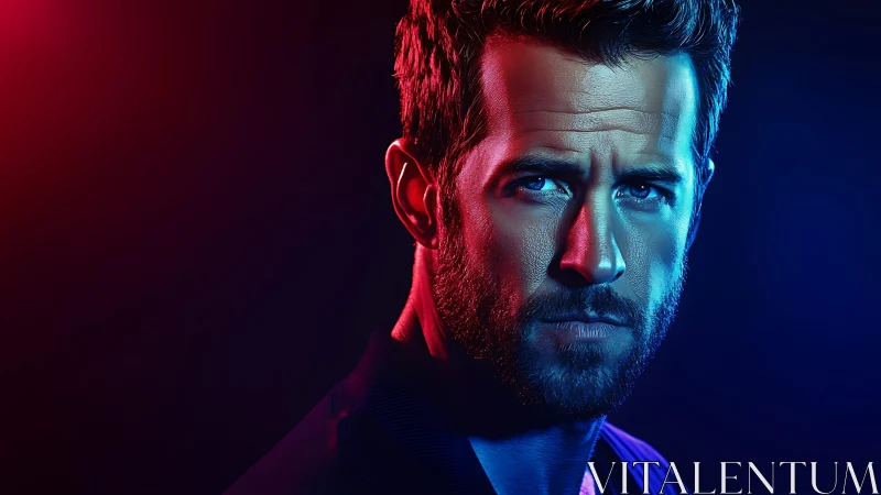 Cinematic male portrait in neon red and blue split lighting.