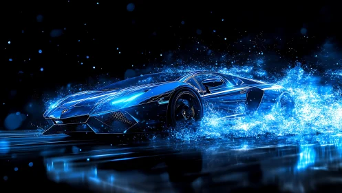 Neon blue supercar sprint through liquid light splash.