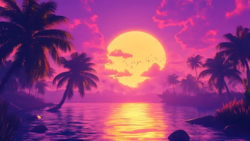Digital tropical seascape depicts stylized sunset scene
