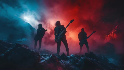 Stormlit rock band shreds between fire-red and ice-blue fog.