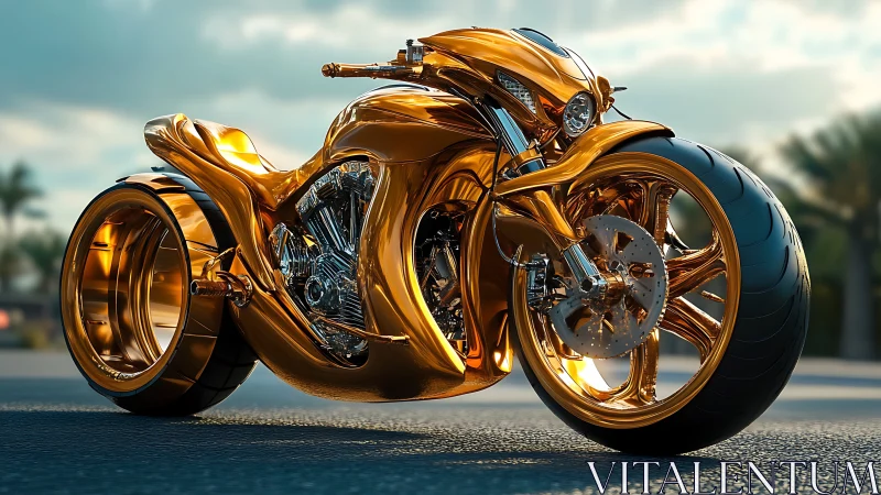 Futuristic gold motorcycle concept with sculpted chrome detail.