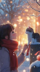 Snowlit anime girl and cat rendered with warm bokeh lighting