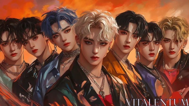 K‑pop inspired male ensemble rendered in vivid digital chiaroscuro