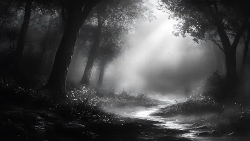 Misty Forest Stream Through Ancient Trees.