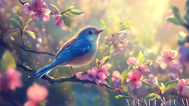 Bluebird on Blossoming Branch in Dreamy Springtime Illustration.