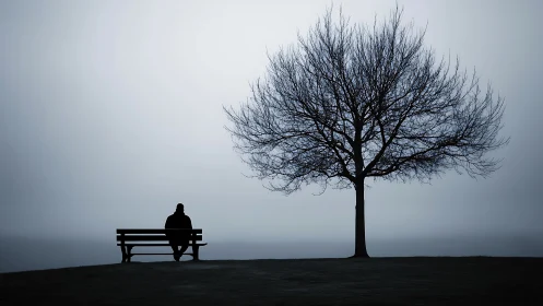 Silhouette person sits on bench beside bare winter tree