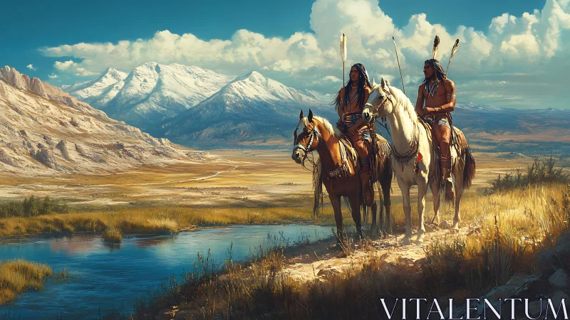 Indigenous riders on horseback by alpine river landscape.