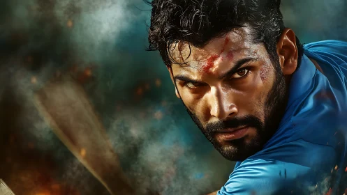 Fierce cricket warrior locking eyes with the final ball.