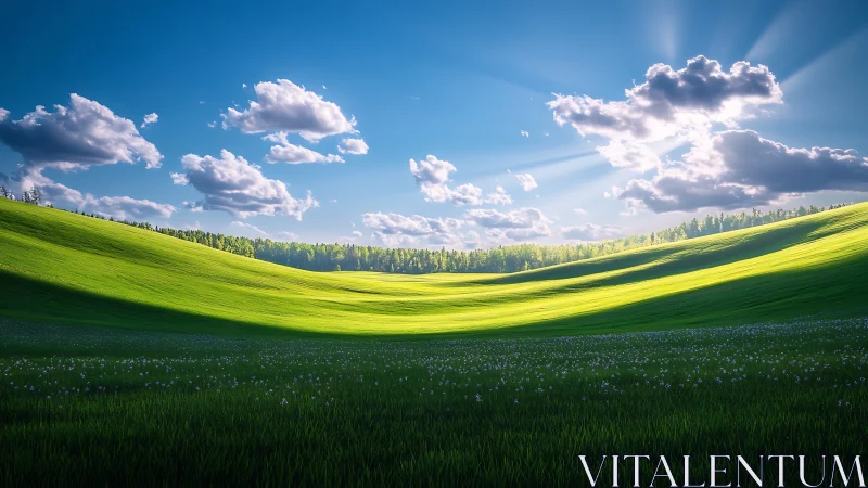 Sunlit rolling meadow under dramatic radiant sky.