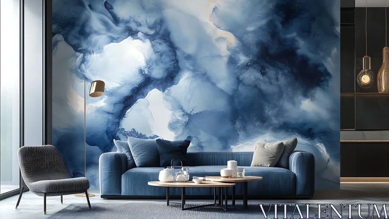 Cozy blue living room with dreamy abstract cloud mural wall.