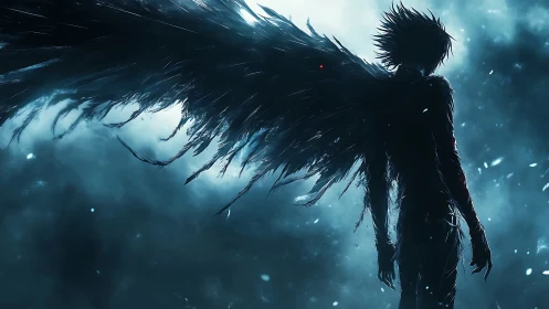 Dark-winged fallen angel silhouette in stormlit blue haze.