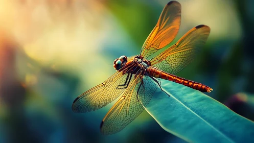 Dragonfly resting on leaf in softly blurred bokeh light.